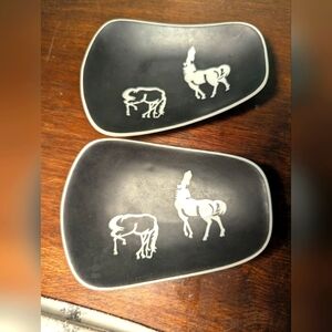 🖤 Otigari Vintage Sauce Dishes Black White Horse Design Plates Japan Asian